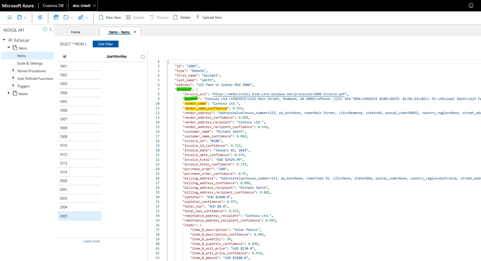 Data stored in CosmosDB