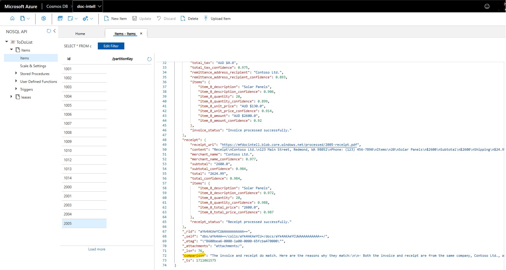 Data stored in CosmosDB